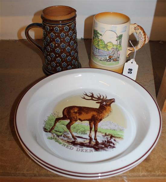 Royal Doulton jug, fishing mug & 2 Doulton bowls